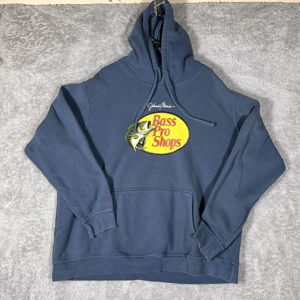 Bass Pro Shops Hoodie Mens 2XL Blue Cotton Graphic‎ Long Sleeve Kangaroo Pocket